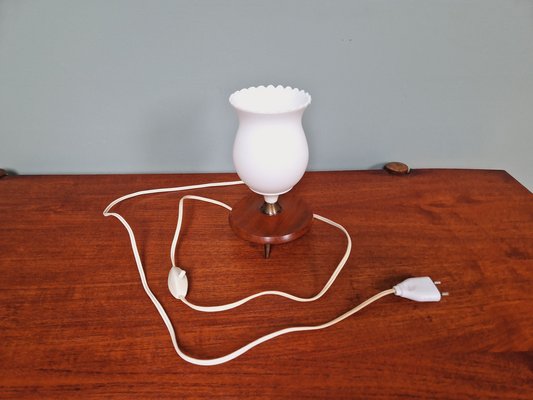 Scandinavian Tripod Table Lamp in White Opaline and Teak, 1960s-FAX-1733868