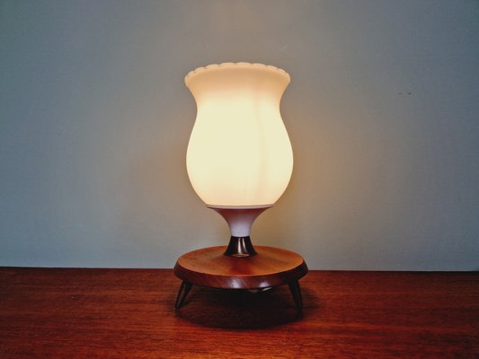 Scandinavian Tripod Table Lamp in White Opaline and Teak, 1960s-FAX-1733868