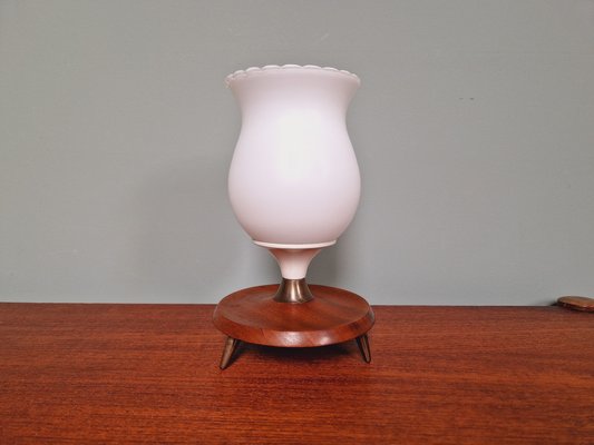 Scandinavian Tripod Table Lamp in White Opaline and Teak, 1960s-FAX-1733868