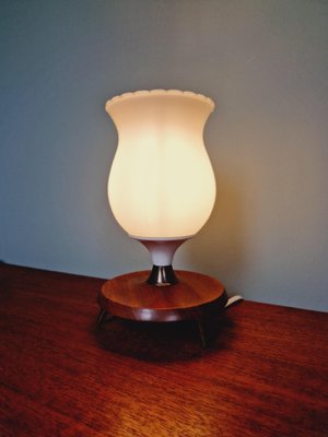 Scandinavian Tripod Table Lamp in White Opaline and Teak, 1960s-FAX-1733868