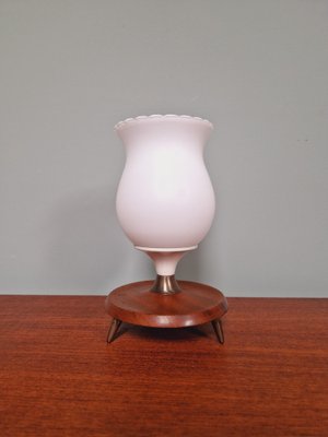 Scandinavian Tripod Table Lamp in White Opaline and Teak, 1960s-FAX-1733868