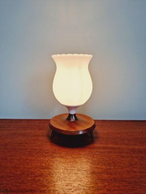 Scandinavian Tripod Table Lamp in White Opaline and Teak, 1960s-FAX-1733868