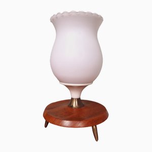 Scandinavian Tripod Table Lamp in White Opaline and Teak, 1960s-FAX-1733868