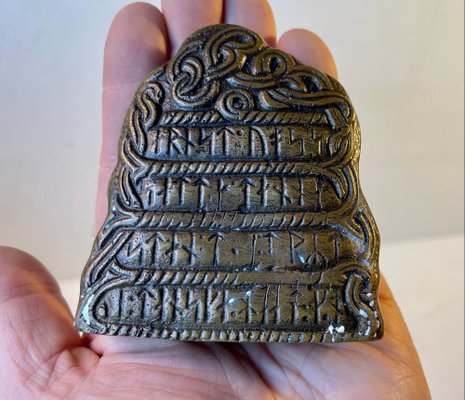 Scandinavian Viking Rune Stone Paperweight in Bronze, 1950s-LCR-1189181