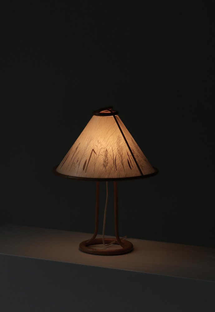 Scandinavian Wabi-Sabi Bamboo Table Lamp Shade with Pressed Plants, 1950s