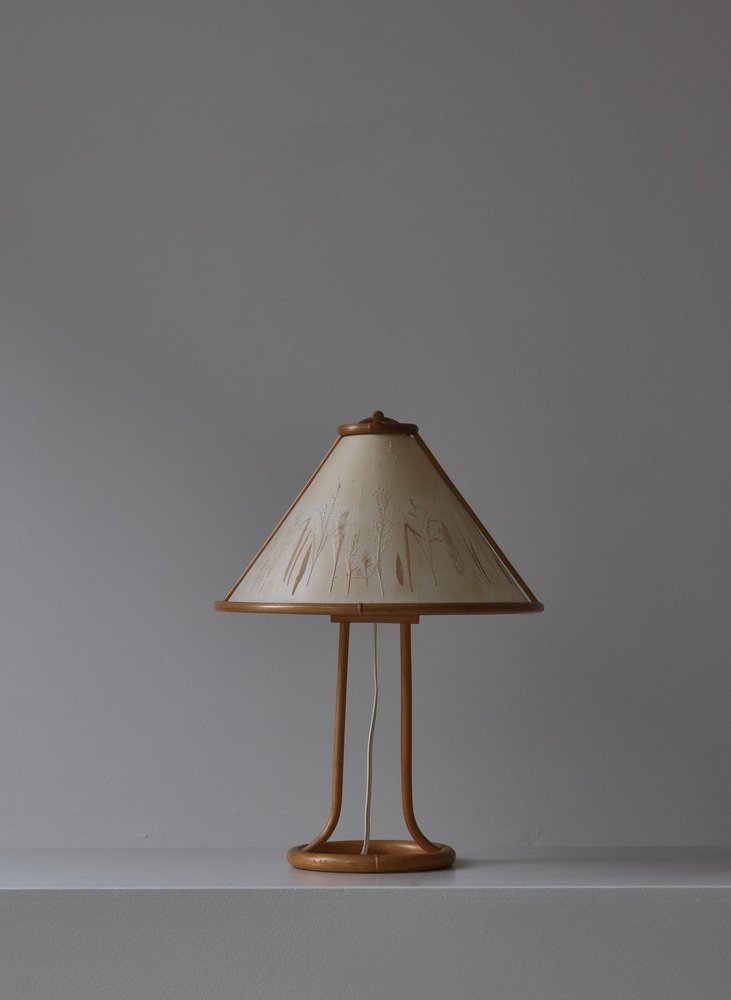 Scandinavian Wabi-Sabi Bamboo Table Lamp Shade with Pressed Plants, 1950s