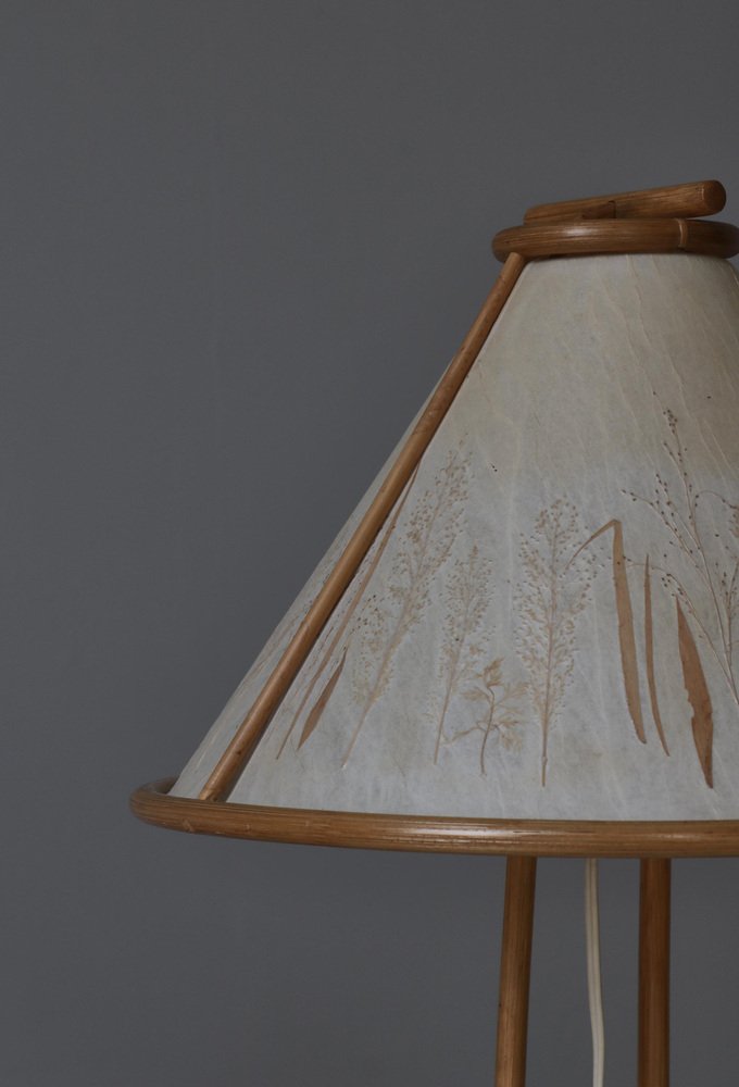 Scandinavian Wabi-Sabi Bamboo Table Lamp Shade with Pressed Plants, 1950s