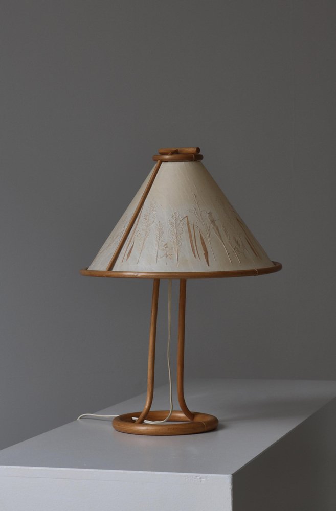 Scandinavian Wabi-Sabi Bamboo Table Lamp Shade with Pressed Plants, 1950s