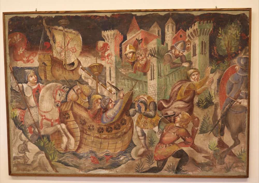 Scene of a Siege Battle from the Sea, 1970s, Fresco Fragment, Framed