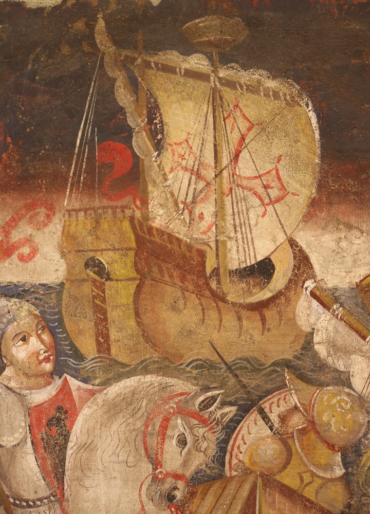 Scene of a Siege Battle from the Sea, 1970s, Fresco Fragment, Framed