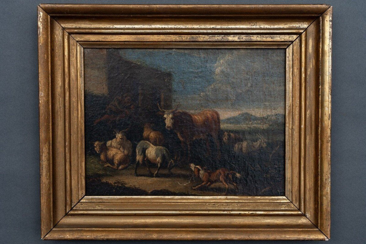 Scene of Animals and Shepherd, 18th Century, Oil on Canvas, Framed