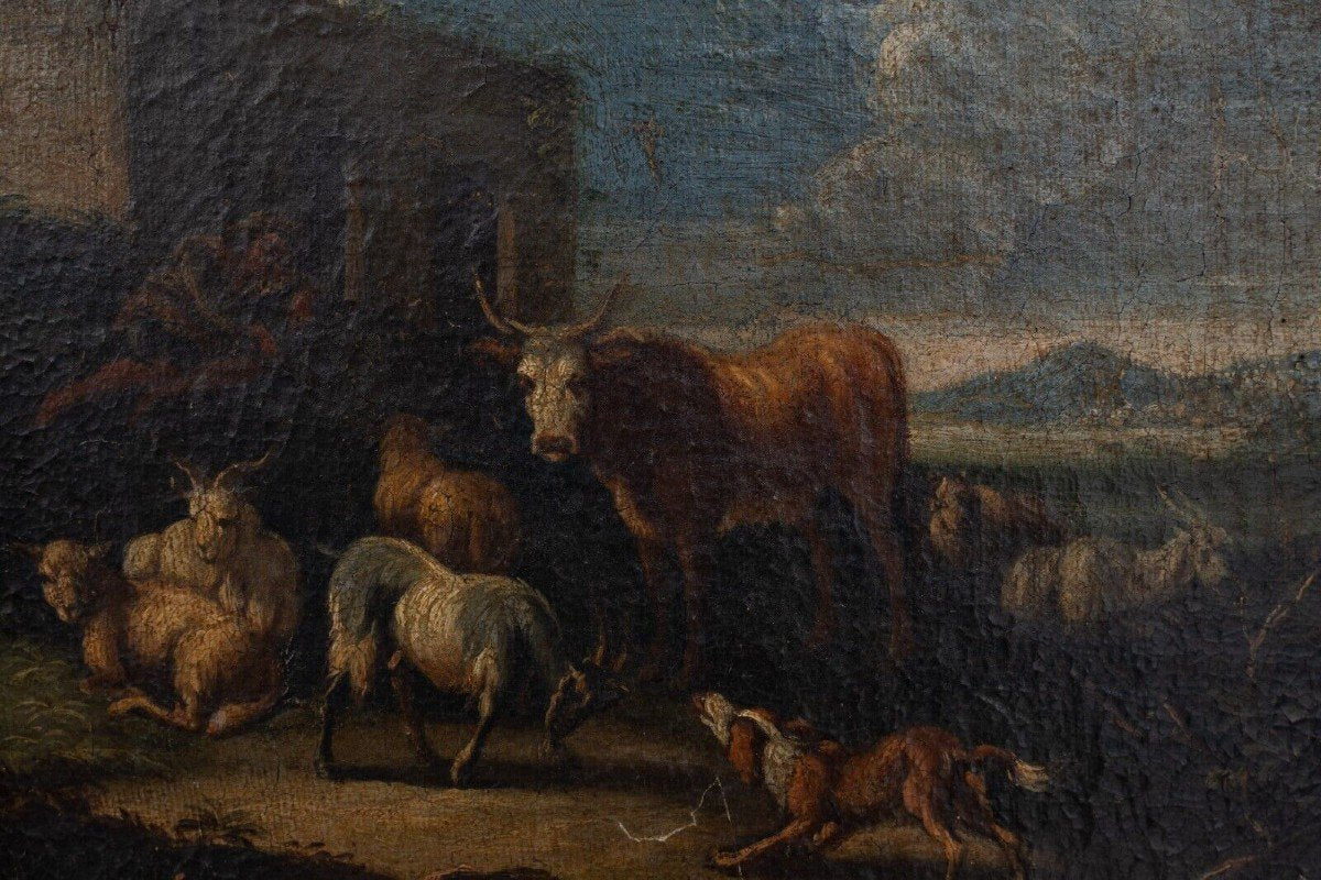 Scene of Animals and Shepherd, 18th Century, Oil on Canvas, Framed