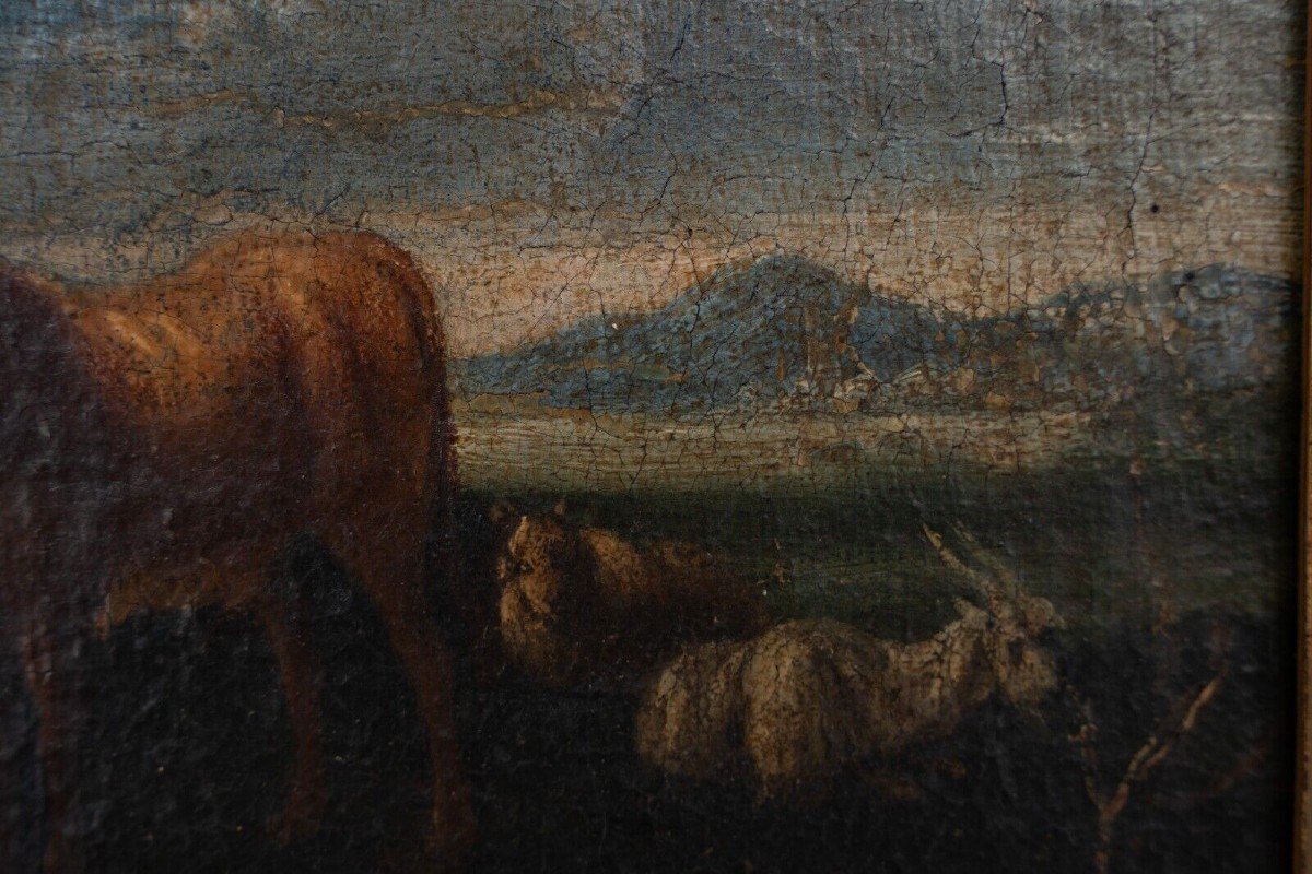 Scene of Animals and Shepherd, 18th Century, Oil on Canvas, Framed