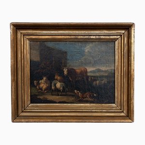 Scene of Animals and Shepherd, 18th Century, Oil on Canvas, Framed-QKG-1793419