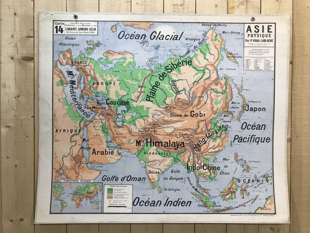 School Geographic Map of Physical Asia N°14 by Vidal Lablache