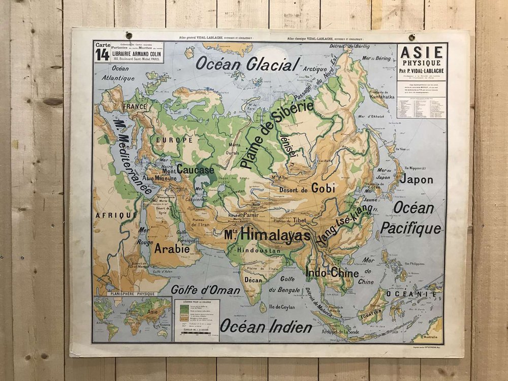 School Geographic Map of Physical Asia N°14 by Vidal Lablache