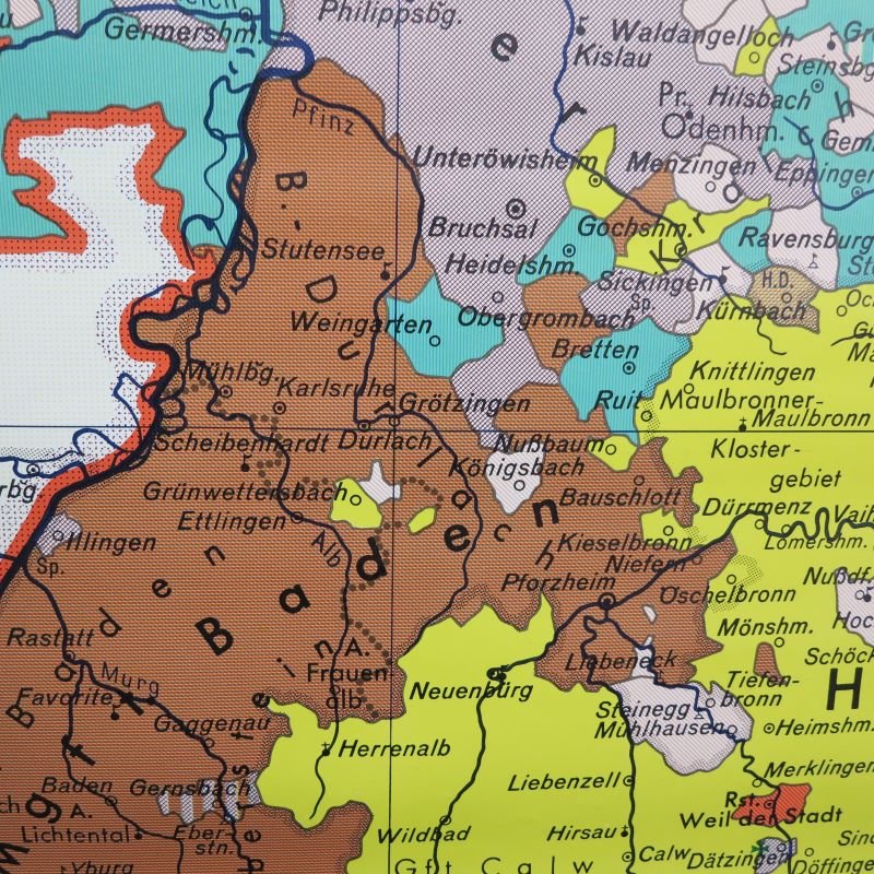 School Wall Map of South West Germany by Putzger for Velhagen & Klasing, 1950s