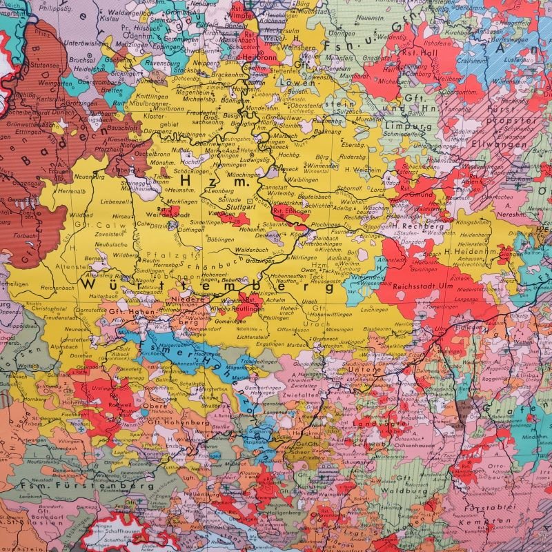 School Wall Map of South West Germany by Putzger for Velhagen & Klasing, 1950s