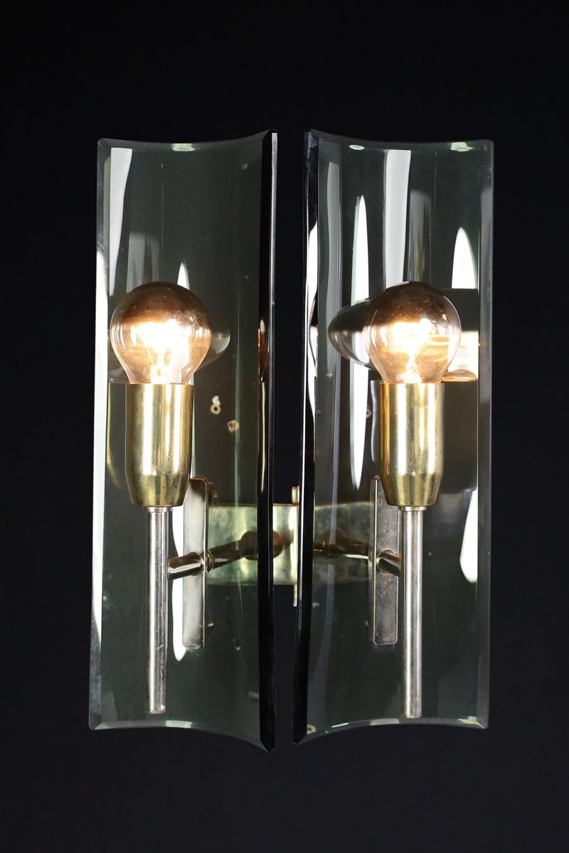 Sconces in Brass and Curved Glass, Italy, 1950s, Set of 6