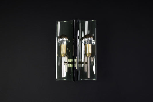 Sconces in Brass and Curved Glass, Italy, 1950s, Set of 6