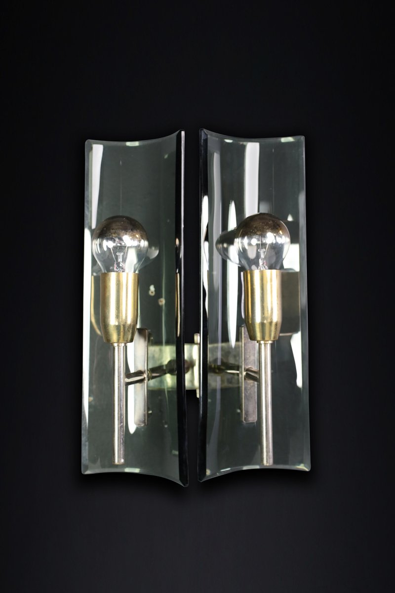 Sconces in Brass and Curved Glass, Italy, 1950s, Set of 6