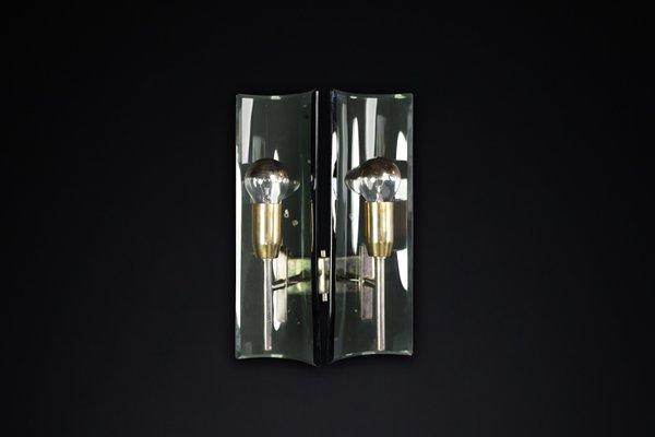 Sconces in Brass and Curved Glass, Italy, 1950s, Set of 6-TRW-1728482