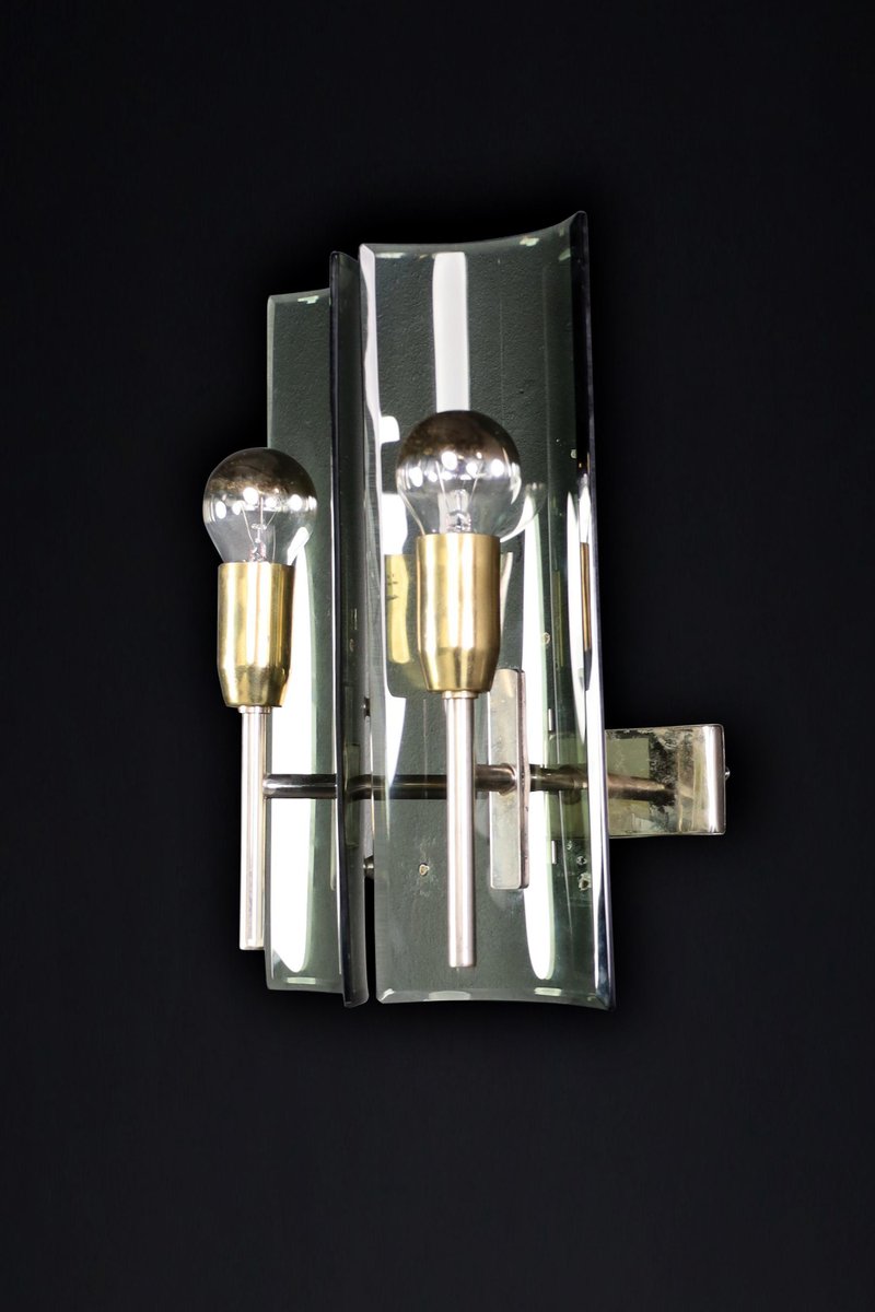 Sconces in Brass and Curved Glass, Italy, 1950s, Set of 6