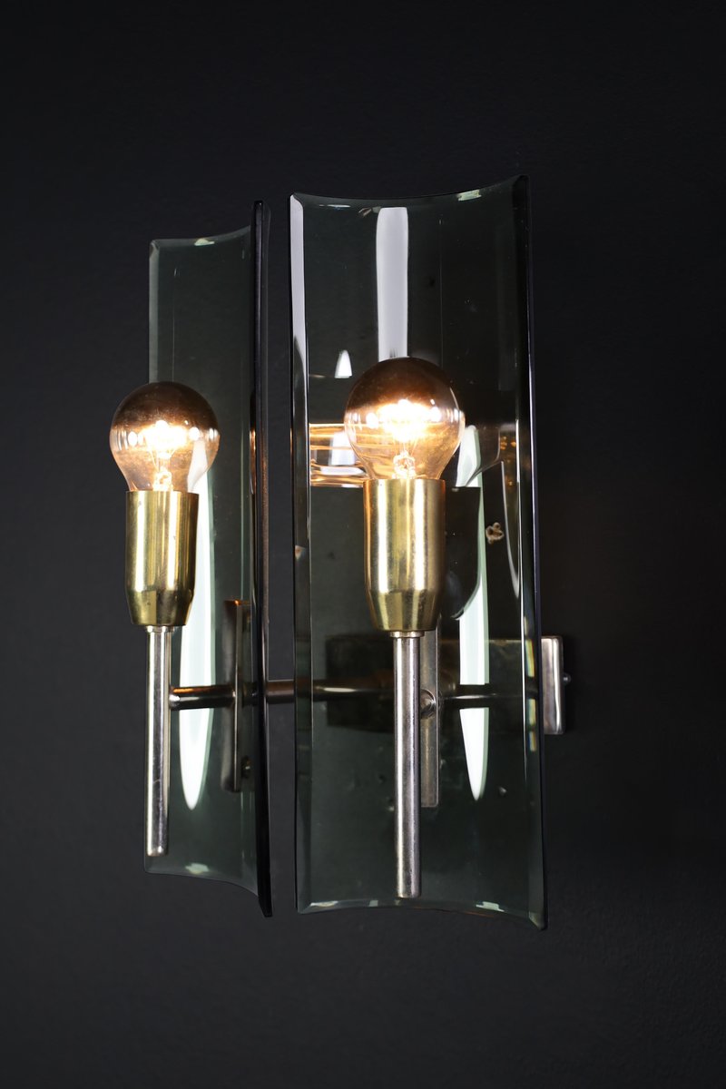 Sconces in Brass and Curved Glass, Italy, 1950s, Set of 6