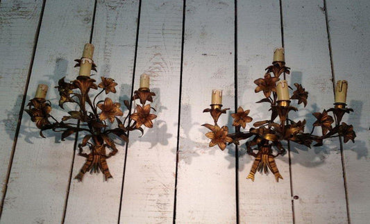 Sconces in Bronze and Gilt Metal with Flowers and Ribbons, 1890s, Set of 2