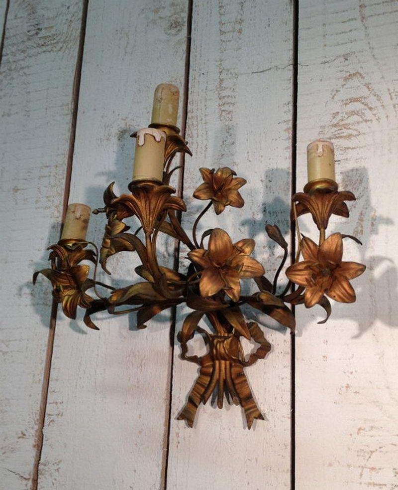 Sconces in Bronze and Gilt Metal with Flowers and Ribbons, 1890s, Set of 2