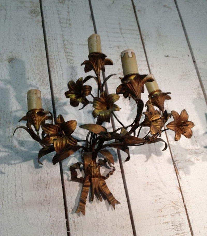 Sconces in Bronze and Gilt Metal with Flowers and Ribbons, 1890s, Set of 2