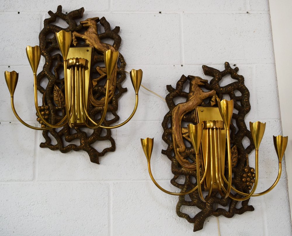 Sconces in Giltwood with Brass Arms, 1950s, Set of 2