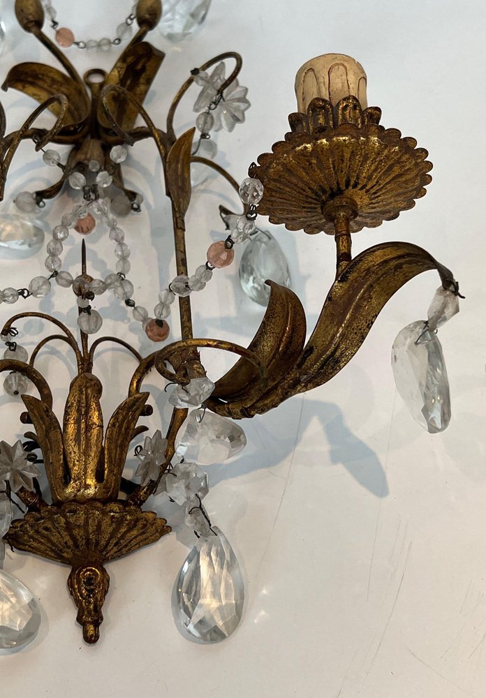 Sconces in Golden Metal and Crystals in the style of Maison Baguès, 1940s, Set of 2