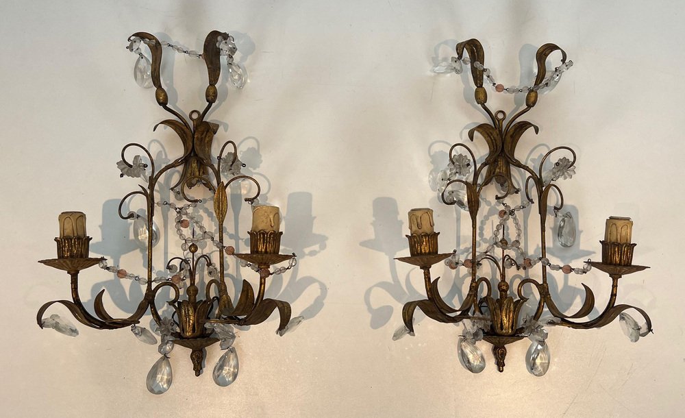 Sconces in Golden Metal and Crystals in the style of Maison Baguès, 1940s, Set of 2