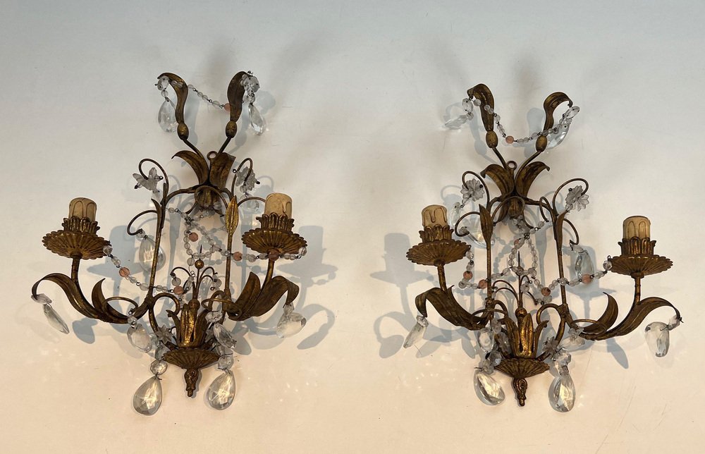 Sconces in Golden Metal and Crystals in the style of Maison Baguès, 1940s, Set of 2