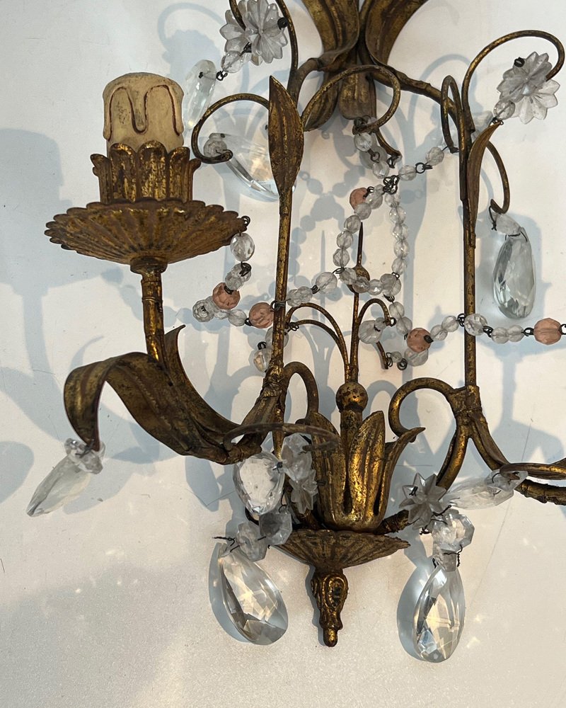 Sconces in Golden Metal and Crystals in the style of Maison Baguès, 1940s, Set of 2