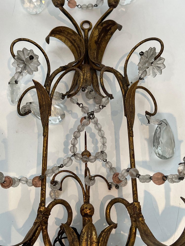 Sconces in Golden Metal and Crystals in the style of Maison Baguès, 1940s, Set of 2