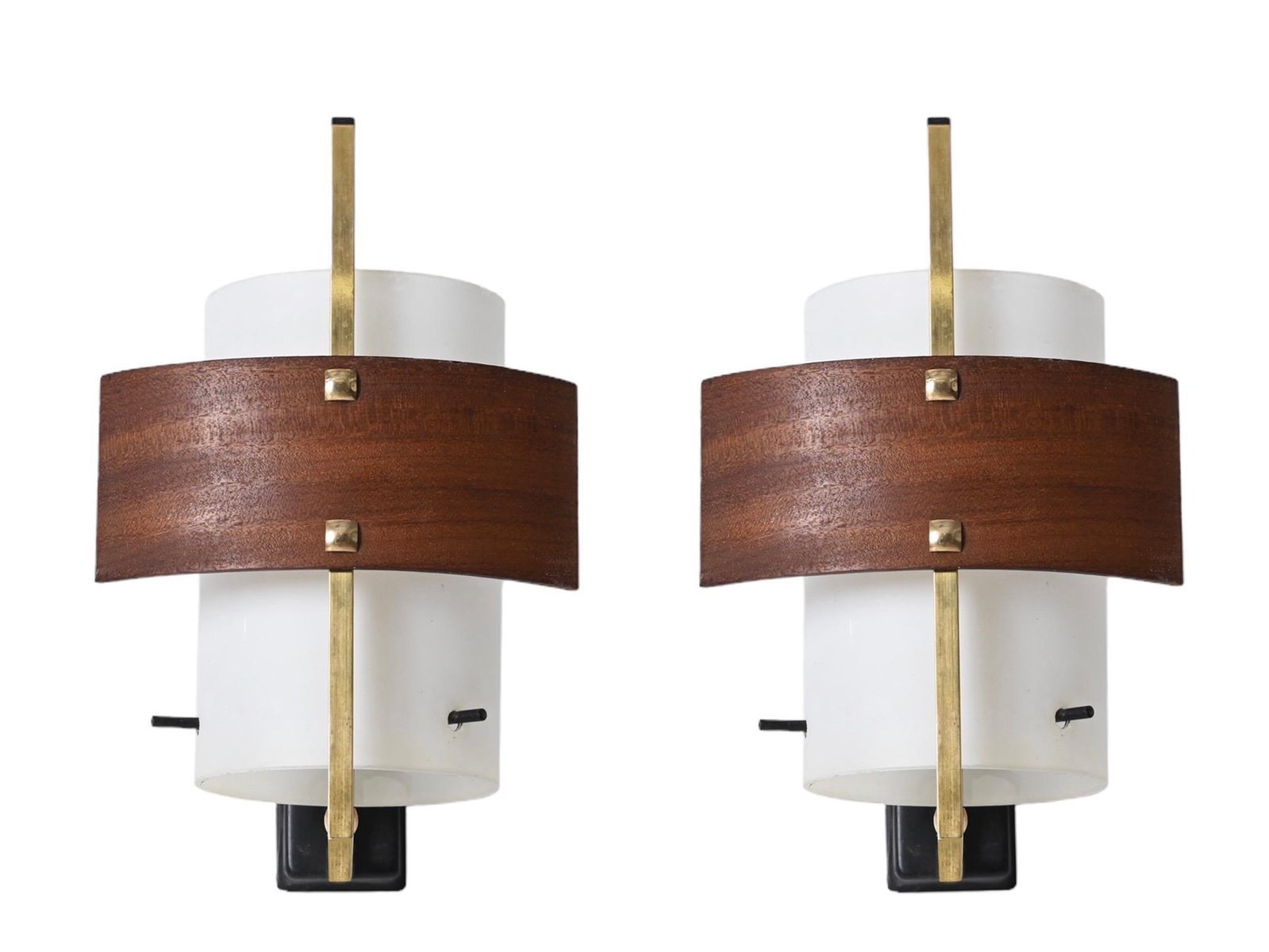 Sconces in Opaline Glass, Brass and Teak attributed to Studio Reggiani, Italy, 1960s, Set of 2