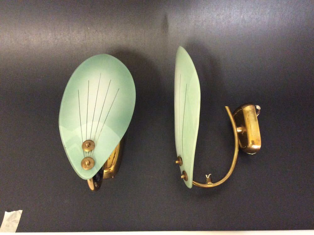 Sconces in Satin Glass and Brass, Italy, 1950s, Set of 2