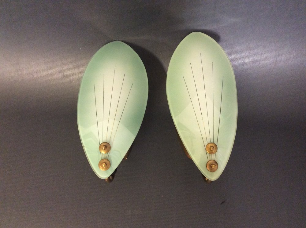 Sconces in Satin Glass and Brass, Italy, 1950s, Set of 2