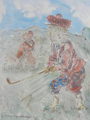 Scottish Cats Playing Golf, Watercolor on Paper-ARU-1177493