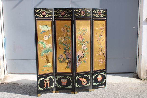 Screen in Chinese Lacquer with Enamel and Lotus Flower Decorations, 1950s-EH-1820704