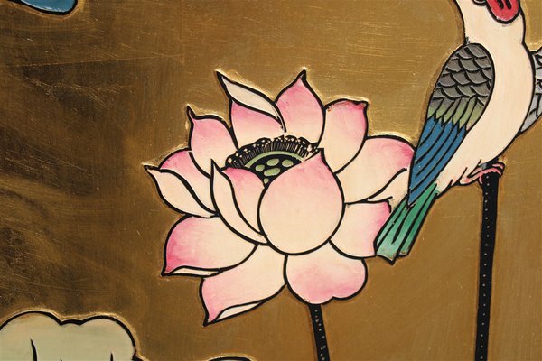 Screen in Chinese Lacquer with Enamel and Lotus Flower Decorations, 1950s-EH-1820704