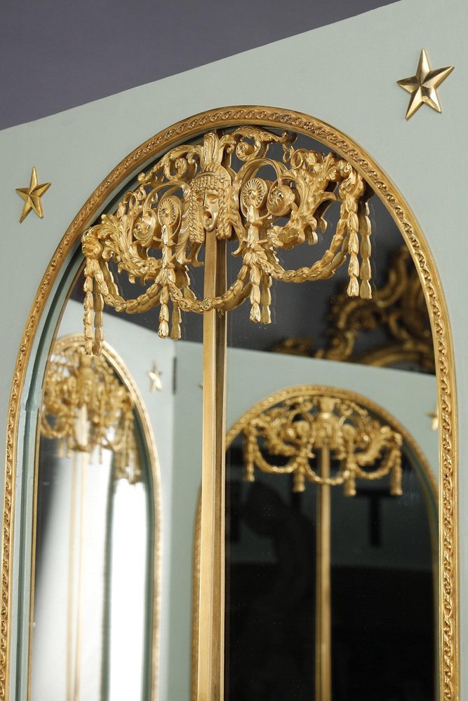 Screen Room Divider with Mirrors on Each Panel in Lacquered Wood and Gilt Bronze, 1880