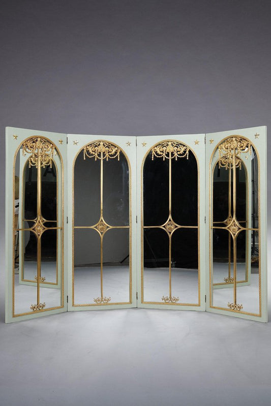 Screen Room Divider with Mirrors on Each Panel in Lacquered Wood and Gilt Bronze, 1880