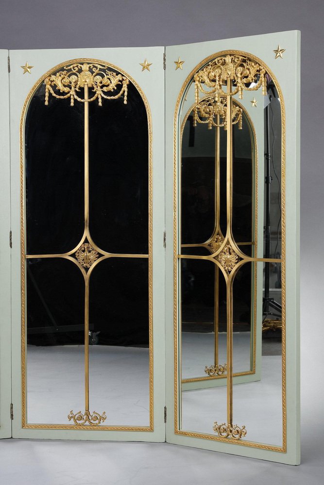 Screen Room Divider with Mirrors on Each Panel in Lacquered Wood and Gilt Bronze, 1880