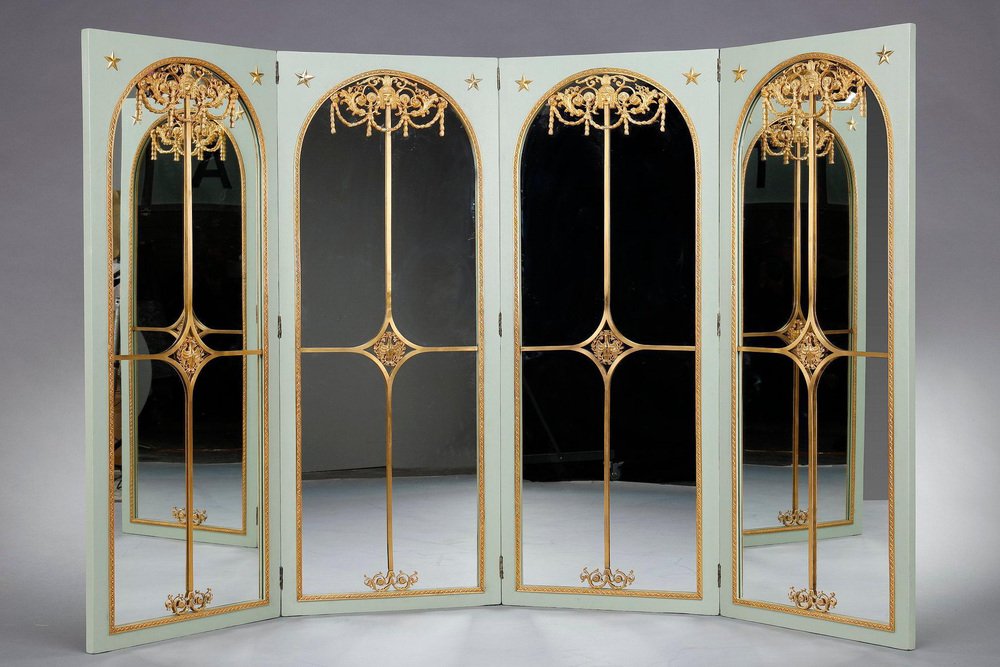 Screen Room Divider with Mirrors on Each Panel in Lacquered Wood and Gilt Bronze, 1880