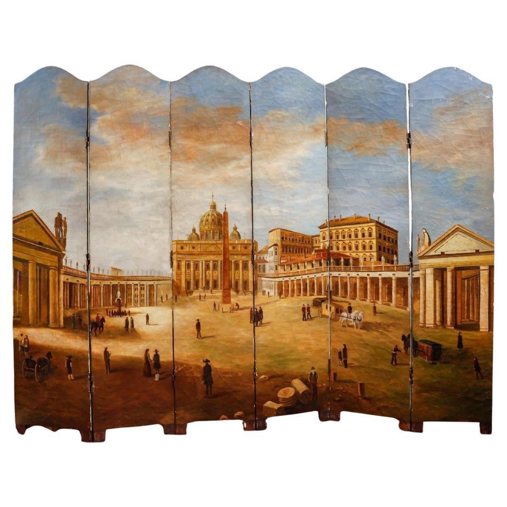 Screen with Saint Peters Square in Rome Painting, 20th Century