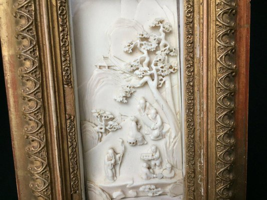 Sculpted Panel with Asian Village Scene in Wooden Frame-QKG-1331464