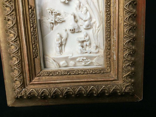 Sculpted Panel with Asian Village Scene in Wooden Frame-QKG-1331464